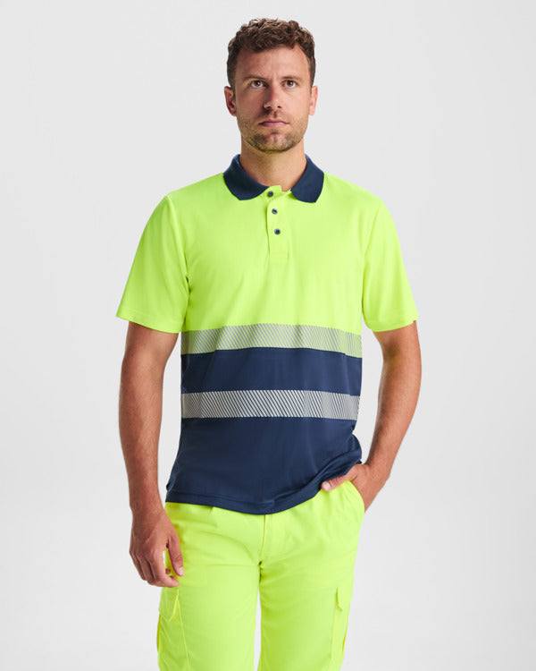 Tricou polo de înaltă vizibilitate ATM VEGA – Albastru marin/galben fluor [55221]