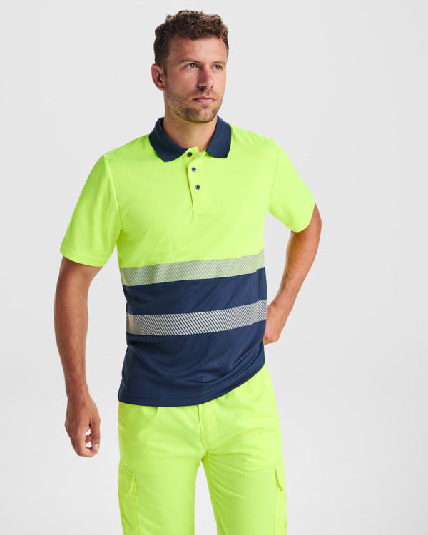 Tricou polo de înaltă vizibilitate ATM VEGA – Albastru marin/galben fluor [55221]