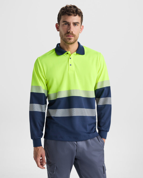 Tricou polo de înaltă vizibilitate ATM VEGA LS – Albastru marin/galben fluor [55221]
