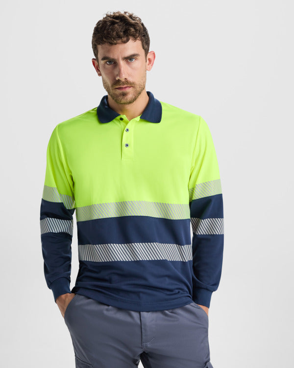 Tricou polo de înaltă vizibilitate ATM VEGA LS – Albastru marin/galben fluor [55221]