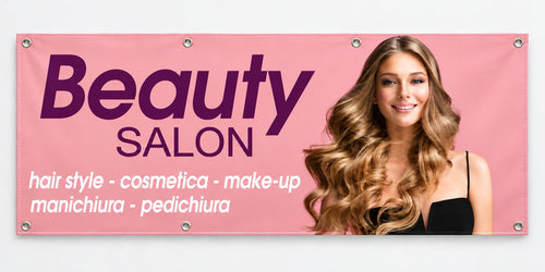 Banner publicitar Beauty Salon, model roz, din PVC cu tiv și capse