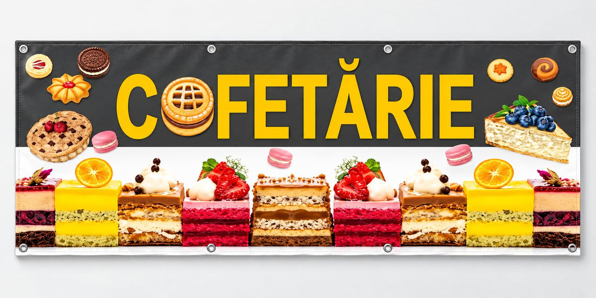 Banner publicitar Cofetărie, model cu prăjituri, din PVC cu tiv și capse