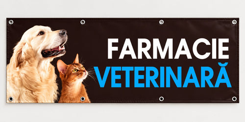 Banner publicitar Farmacie veterinară, model cu animale, din PVC cu tiv și capse