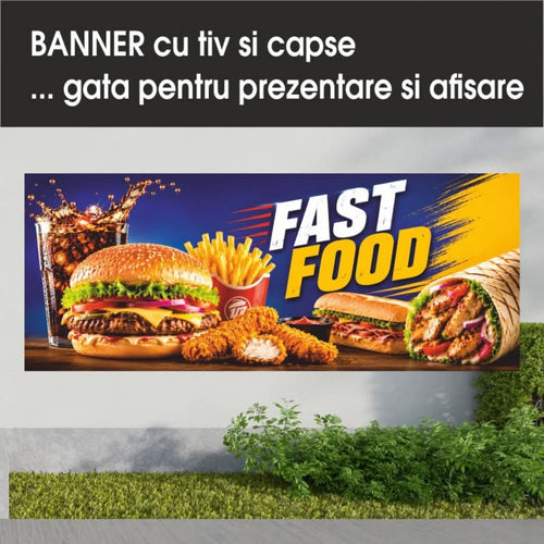Banner publicitar Fast Food, model albastru și galben, din PVC cu tiv și capse