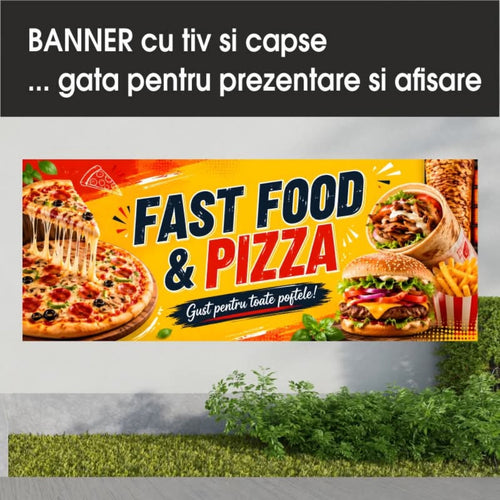 Banner publicitar Fast Food și Pizza, model galben, din PVC cu tiv și capse