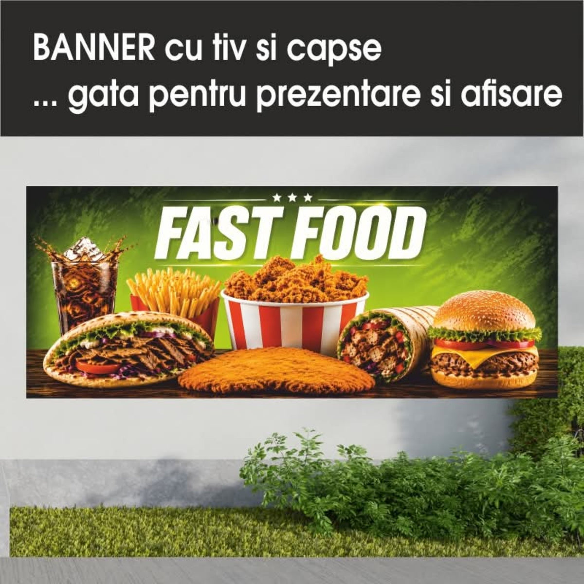 Banner publicitar Fast Food, model verde cu pui crocant, din PVC cu tiv și capse