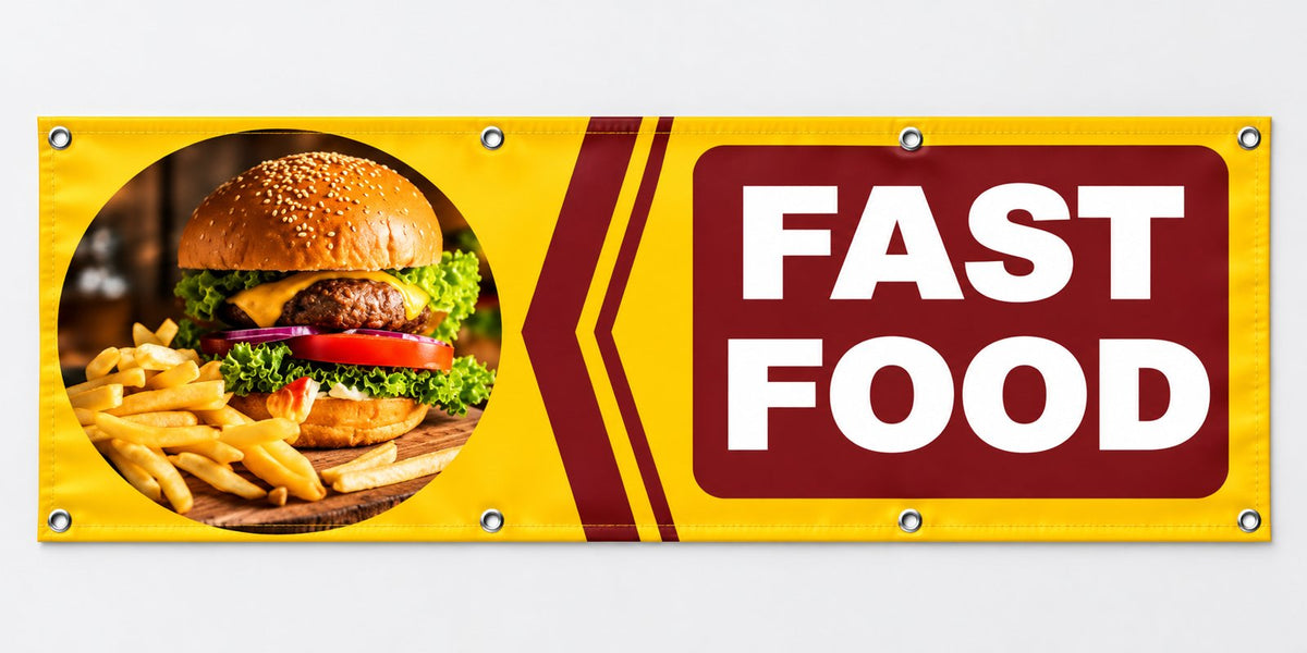 Banner publicitar fast food, model burger, cu tiv și capse