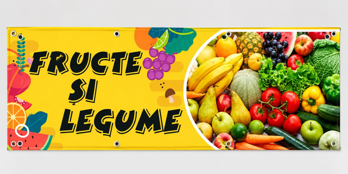 Banner publicitar fructe și legume, model galben, cu tiv și capse