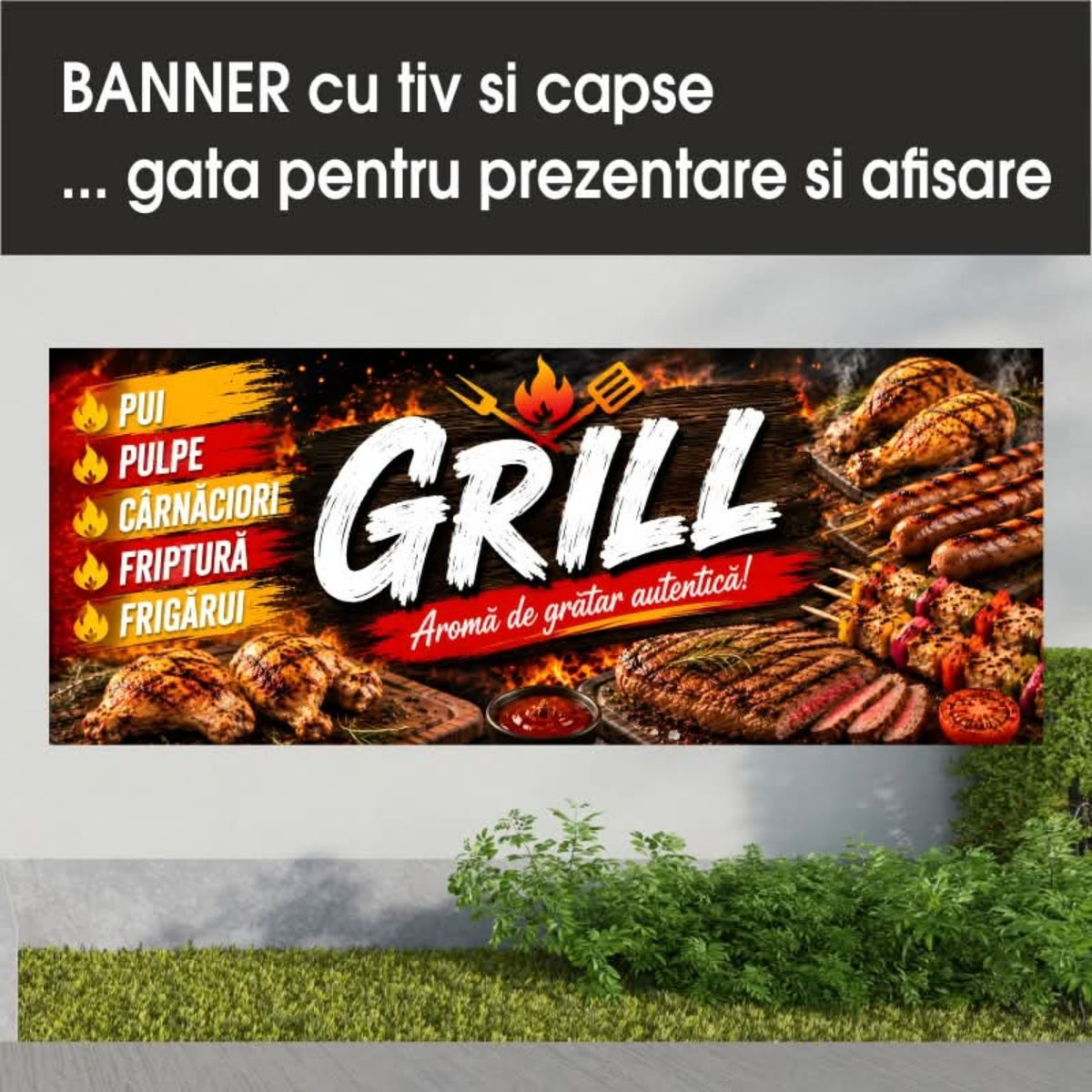 Banner publicitar Grill, model cu flăcări și preparate la grătar, din PVC cu tiv și capse