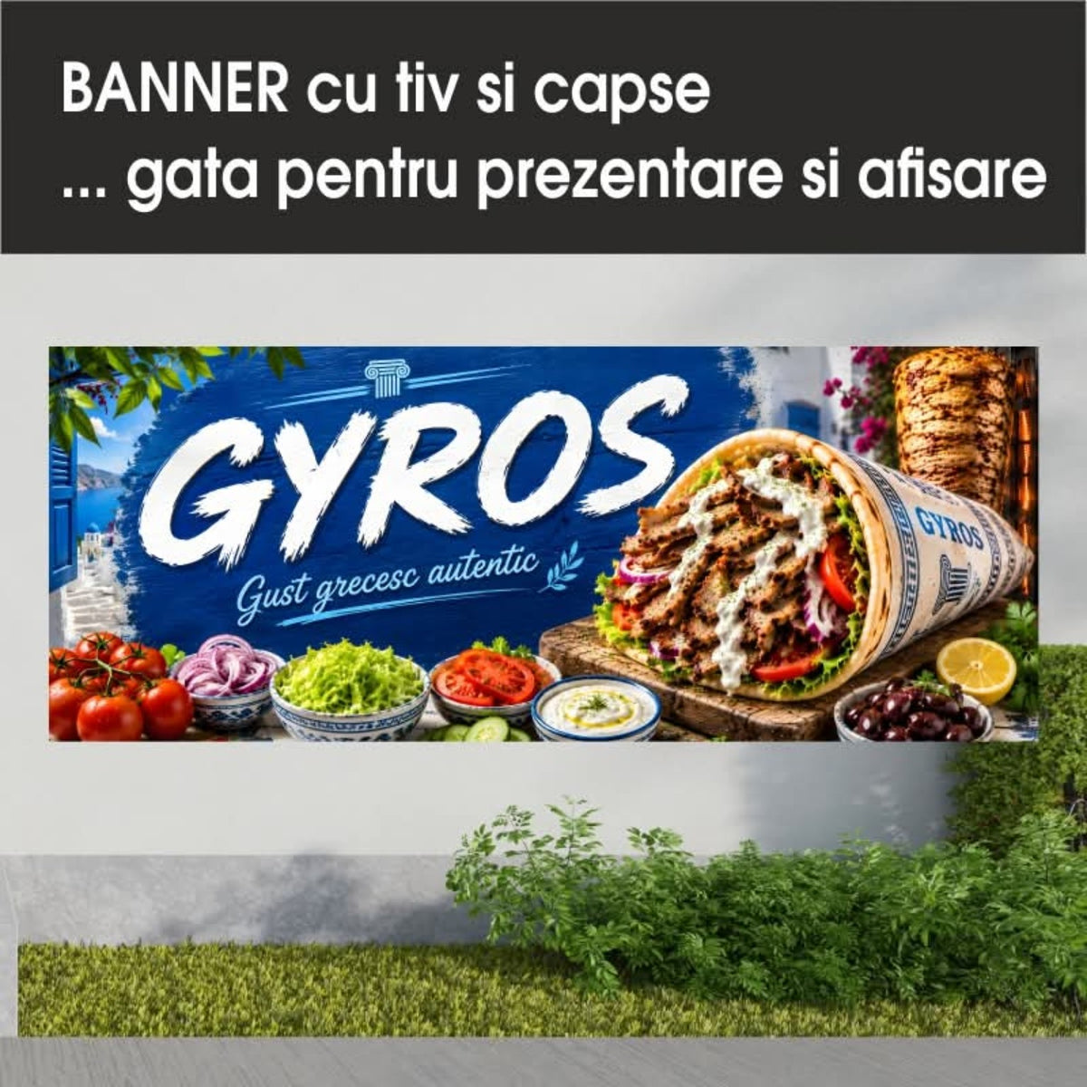 Banner publicitar Gyros, model albastru cu specific grecesc, din PVC cu tiv și capse
