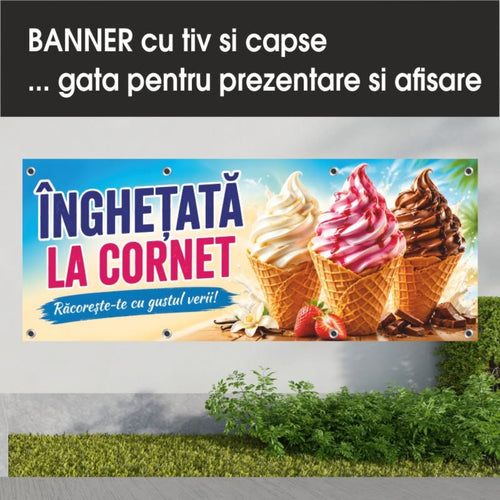 Banner publicitar Înghețată la cornet, model albastru cu trei cornete, din PVC cu tiv și capse