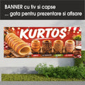 Banner publicitar Kurtos, model roșu cu sortimente, din PVC cu tiv și capse