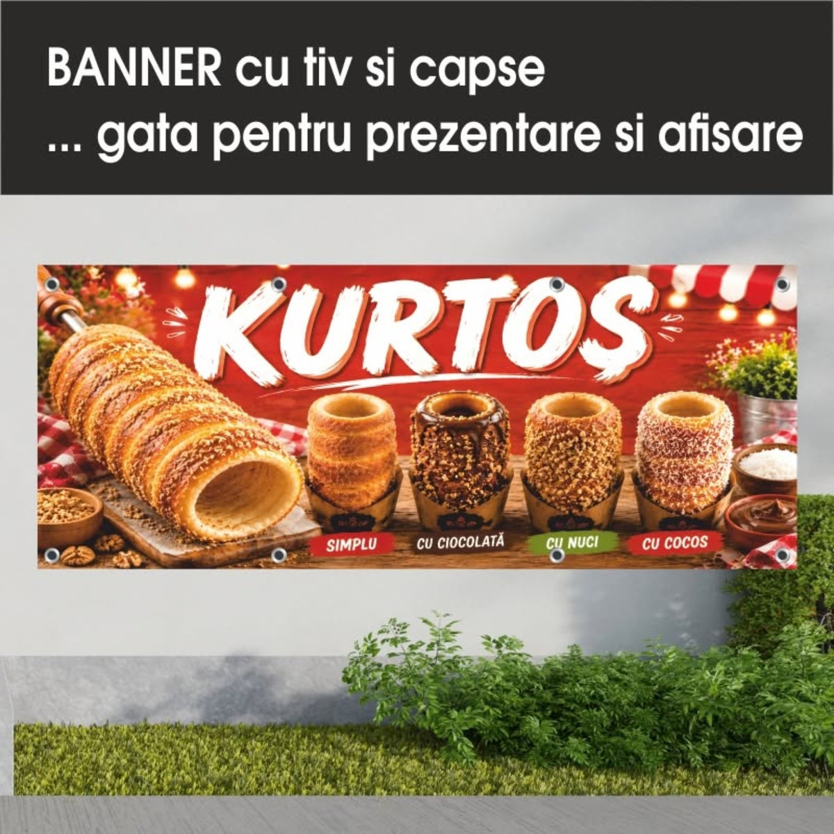 Banner publicitar Kurtos, model roșu cu sortimente, din PVC cu tiv și capse
