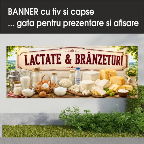 Banner publicitar Lactate și Brânzeturi, model rustic crem, din PVC cu tiv și capse