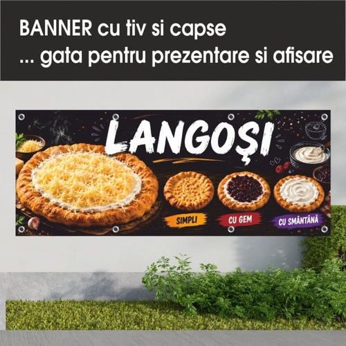 Banner publicitar Langoși, model negru cu sortimente, din PVC cu tiv și capse