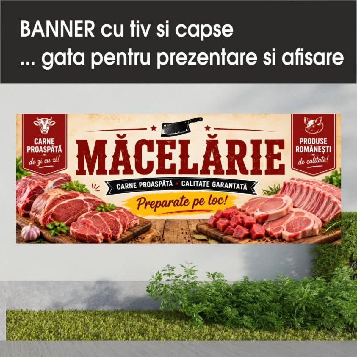 Banner publicitar Măcelărie, model crem cu satâr, din PVC cu tiv și capse