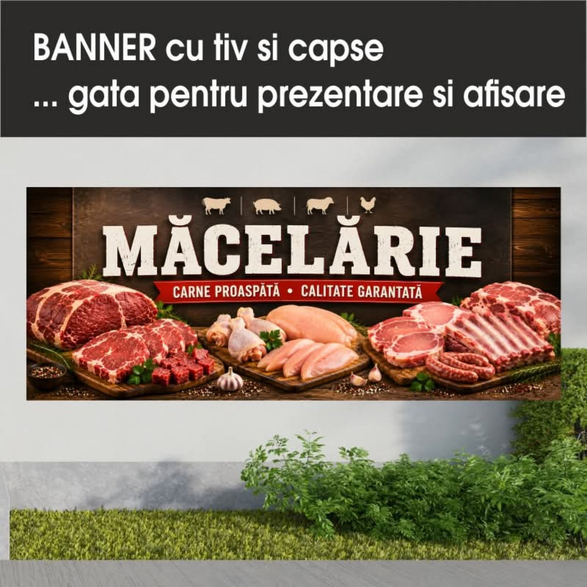 Banner publicitar Măcelărie, model rustic, din PVC cu tiv și capse