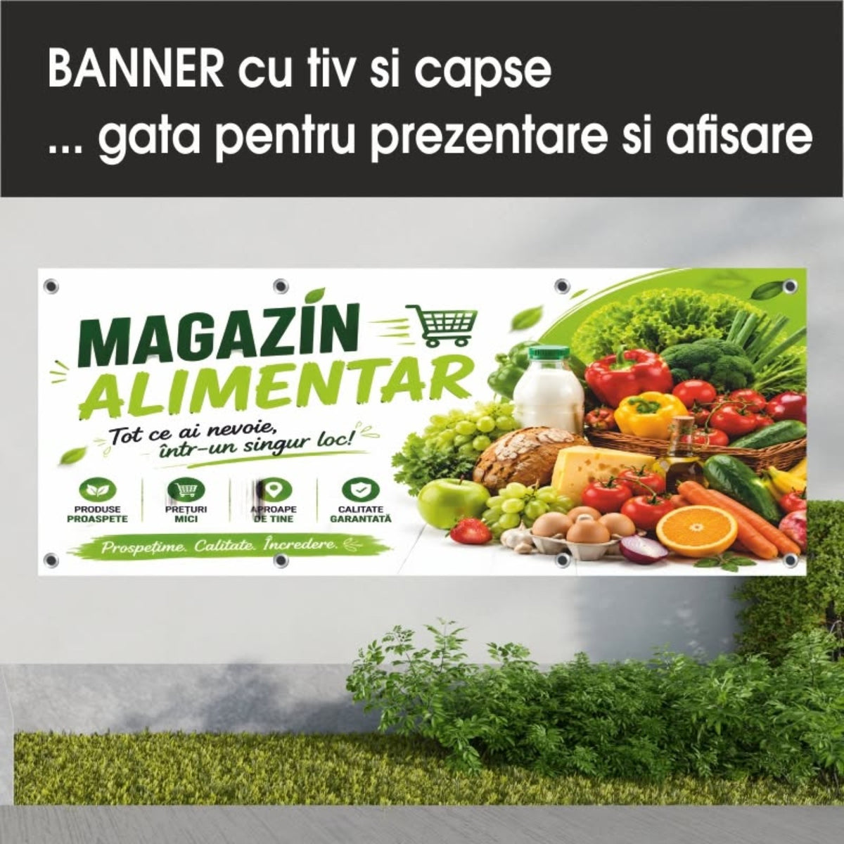 Banner publicitar Magazin alimentar, model alb și verde, din PVC cu tiv și capse
