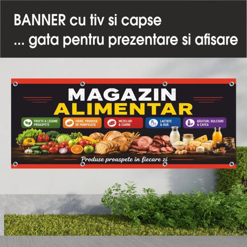 Banner publicitar Magazin alimentar, model negru cu categorii colorate, din PVC cu tiv și capse