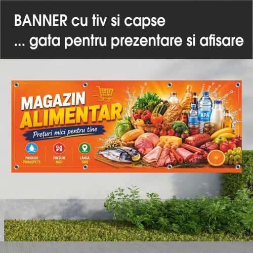 Banner publicitar Magazin alimentar, model portocaliu, din PVC cu tiv și capse