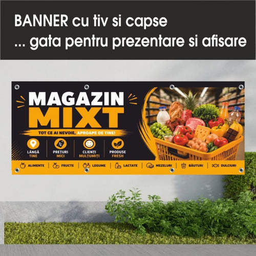 Banner publicitar Magazin mixt, model negru și galben, din PVC cu tiv și capse