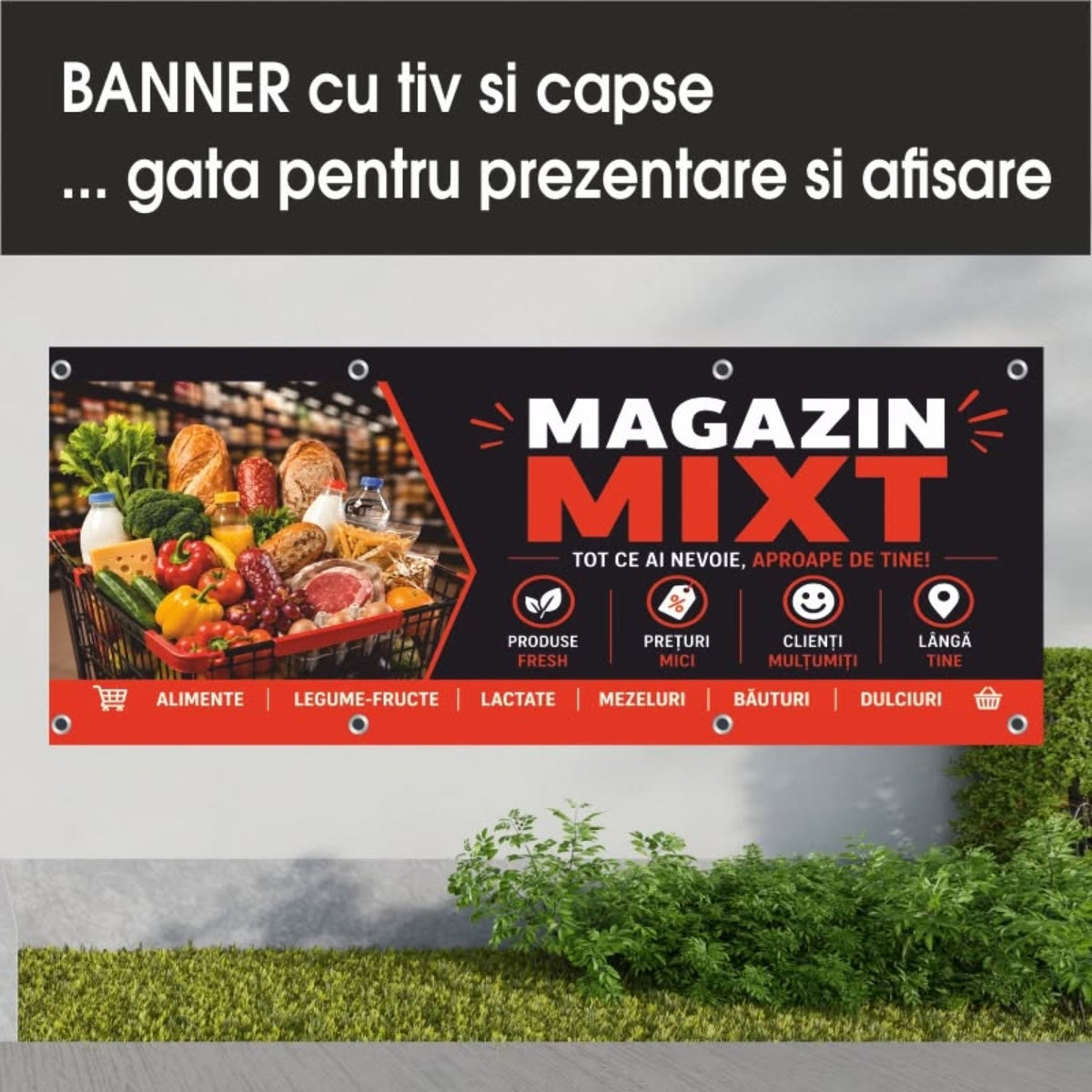 Banner publicitar Magazin mixt, model negru și roșu, din PVC cu tiv și capse
