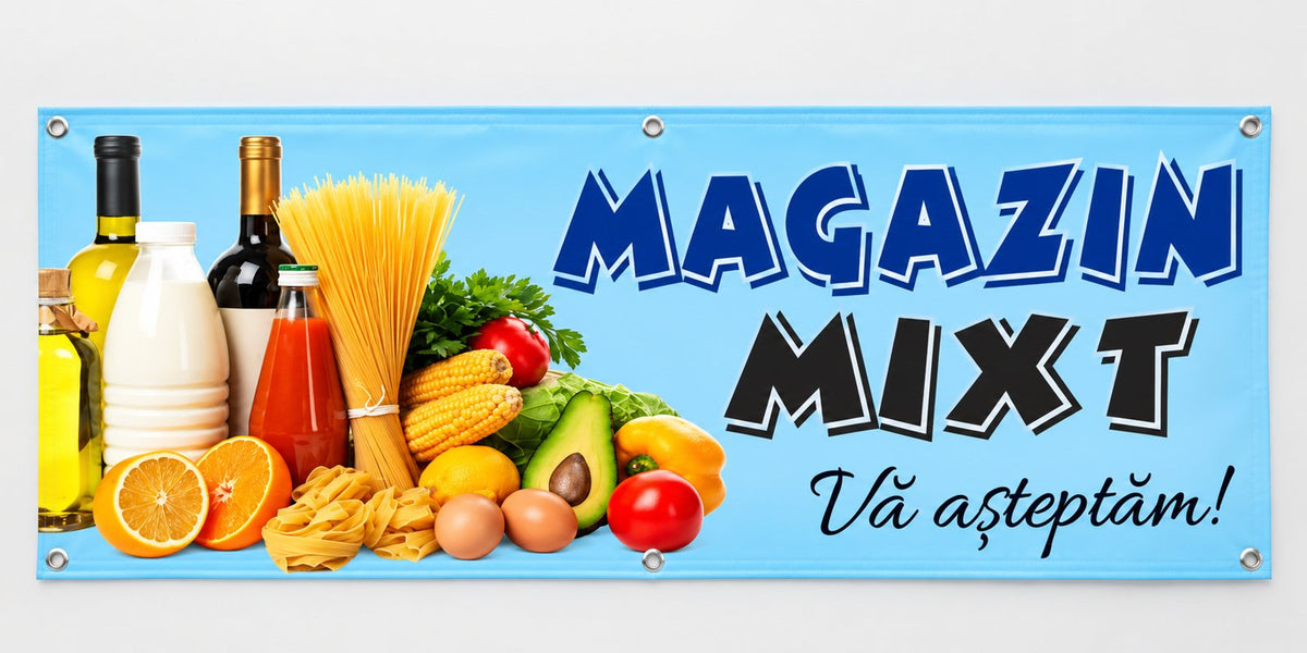 Banner publicitar magazin mixt, model alimentar, cu tiv și capse