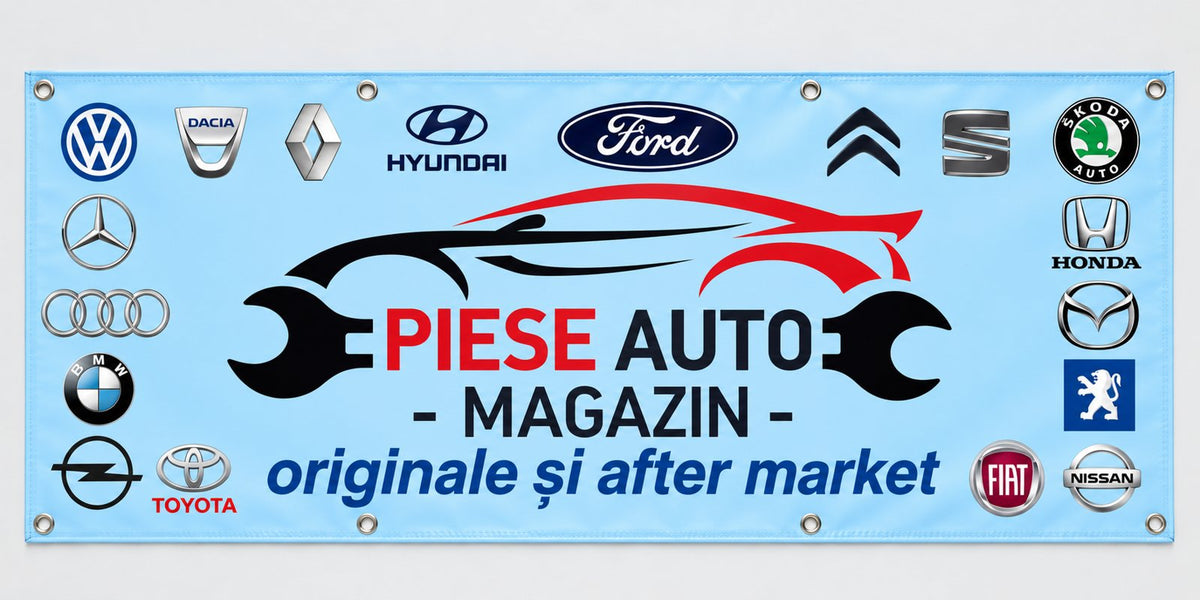 Banner publicitar magazin piese auto, model bleu, cu tiv și capse