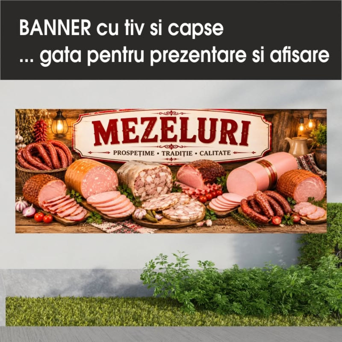 Banner publicitar Mezeluri, model rustic, din PVC cu tiv și capse