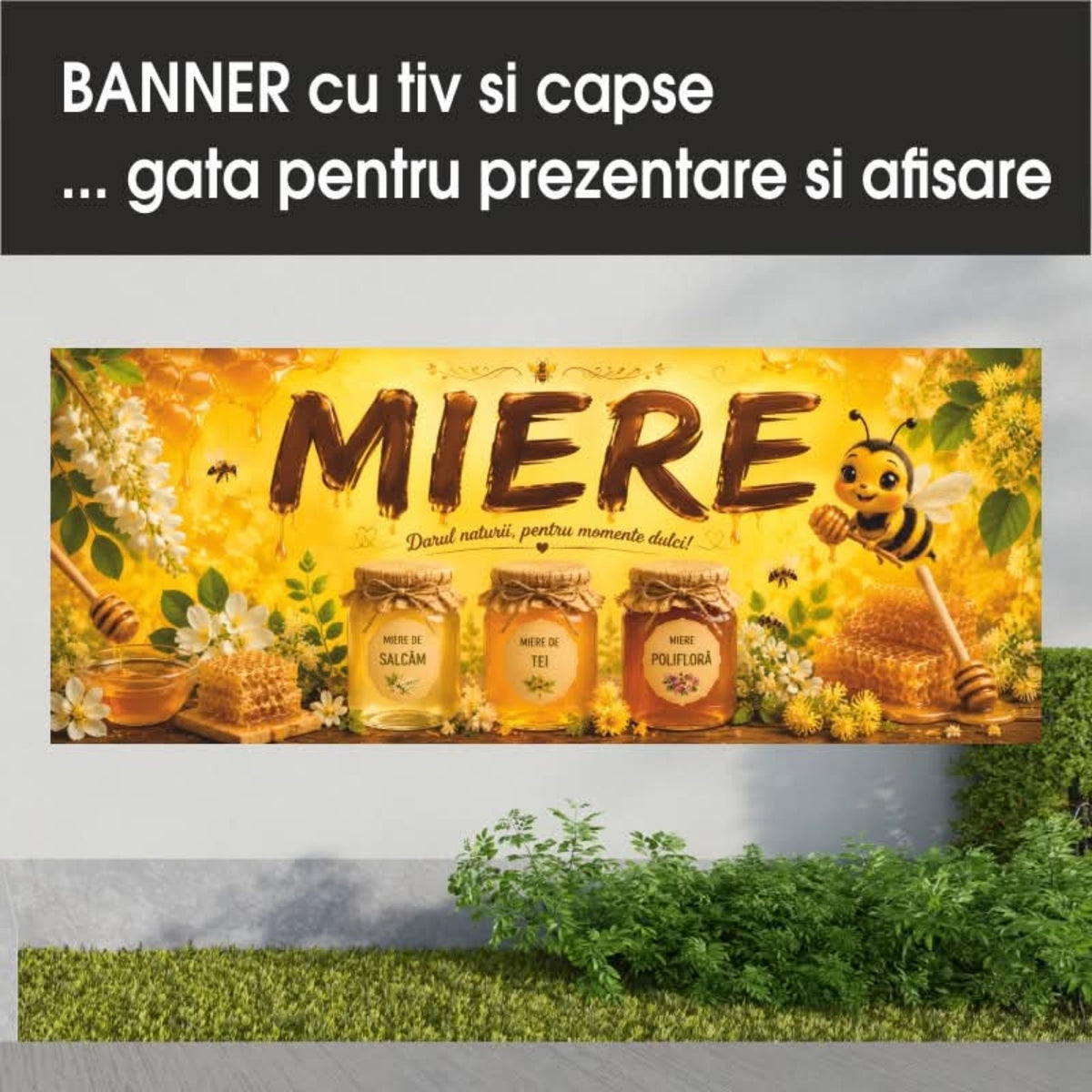Banner publicitar Miere, model galben cu albină și borcane, din PVC cu tiv și capse
