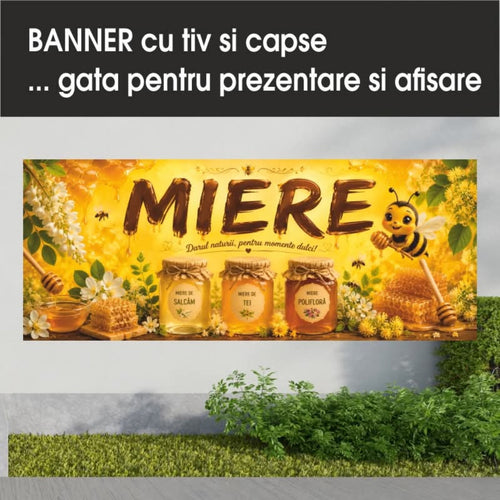 Banner publicitar Miere, model galben cu albină și borcane, din PVC cu tiv și capse