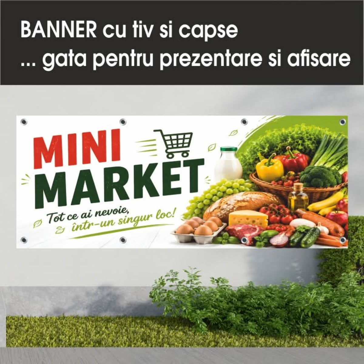 Banner publicitar Mini Market, model alb și verde, din PVC cu tiv și capse