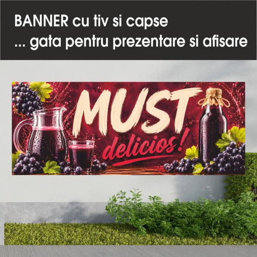 Banner publicitar Must, model bordo cu struguri, din PVC cu tiv și capse