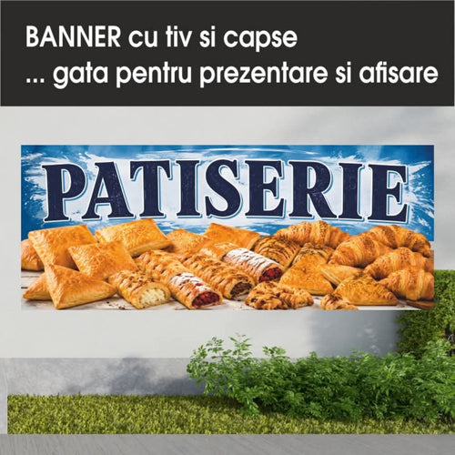 Banner publicitar Patiserie, model albastru cu foietaje, din PVC cu tiv și capse