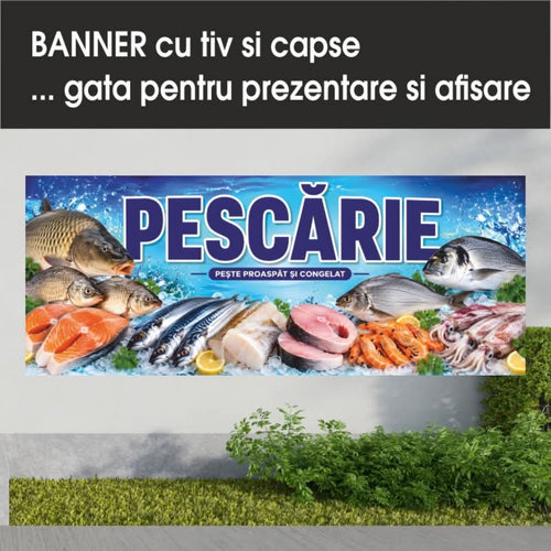 Banner publicitar Pescărie, model albastru, din PVC cu tiv și capse