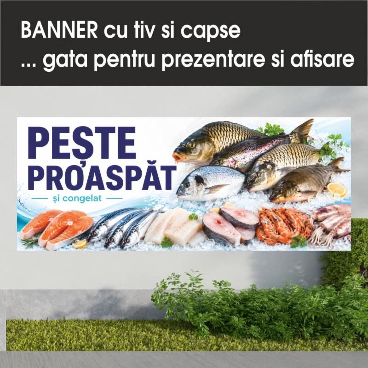Banner publicitar Pește proaspăt și congelat, model alb și albastru, din PVC cu tiv și capse