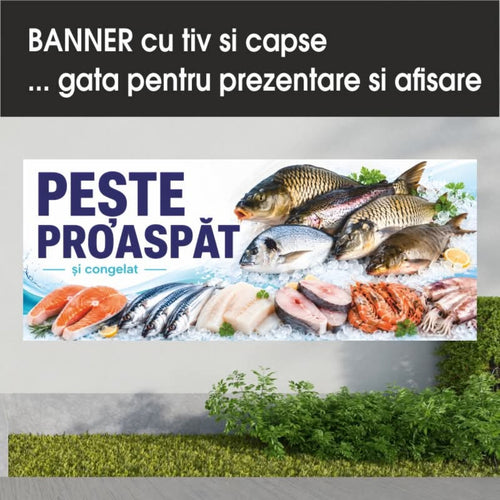 Banner publicitar Pește proaspăt și congelat, model alb și albastru, din PVC cu tiv și capse