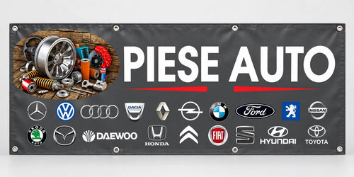 Banner publicitar piese auto, model gri, cu tiv și capse