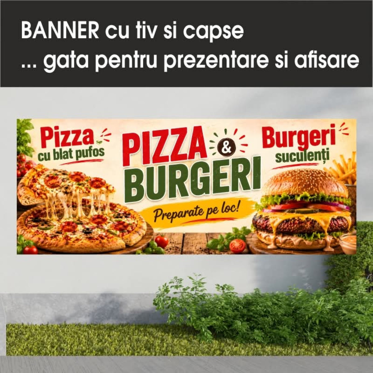Banner publicitar Pizza și Burgeri, model crem, din PVC cu tiv și capse