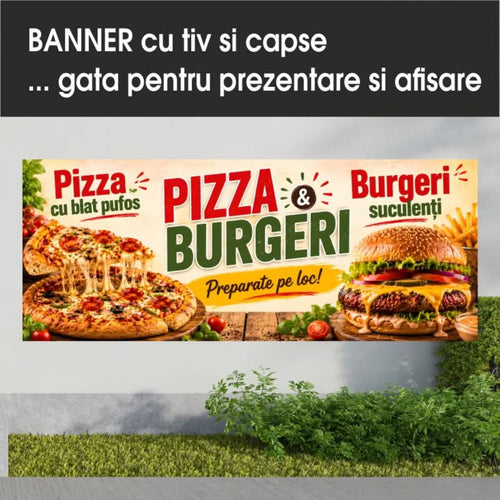 Banner publicitar Pizza și Burgeri, model crem, din PVC cu tiv și capse