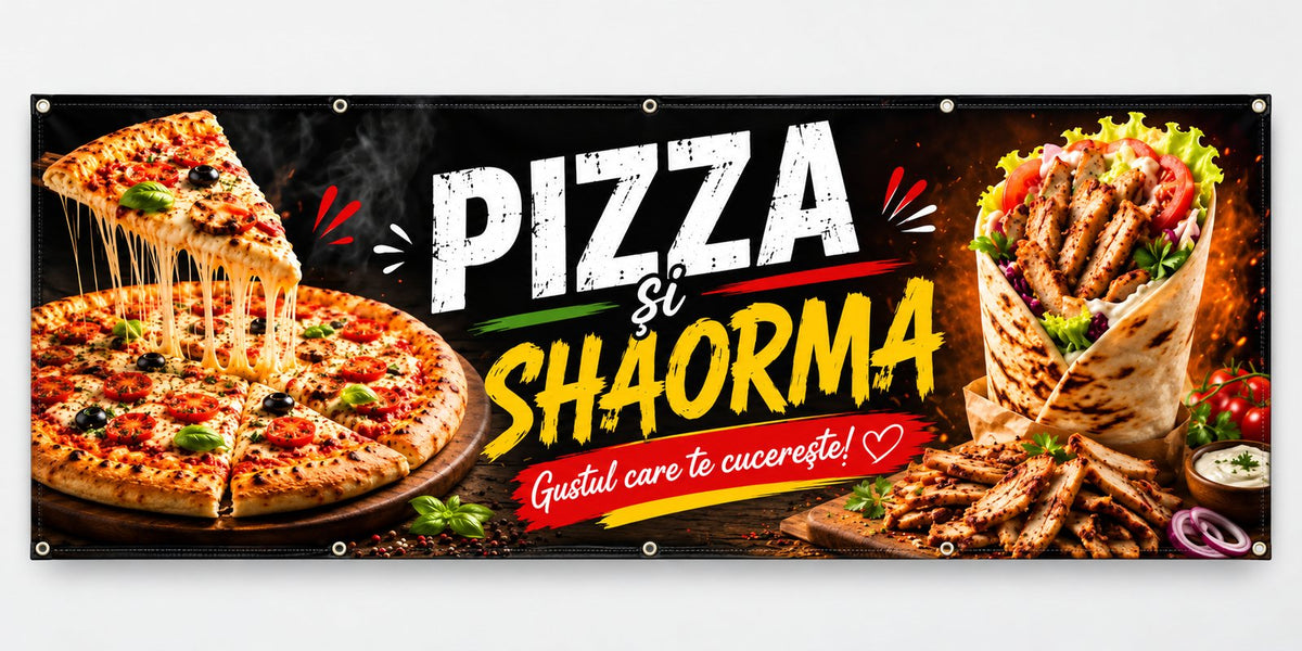 Banner publicitar Pizza și shaorma, model fast-food, din PVC cu tiv și capse