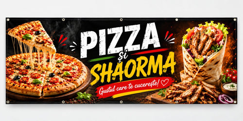 Banner publicitar Pizza și shaorma, model fast-food, din PVC cu tiv și capse