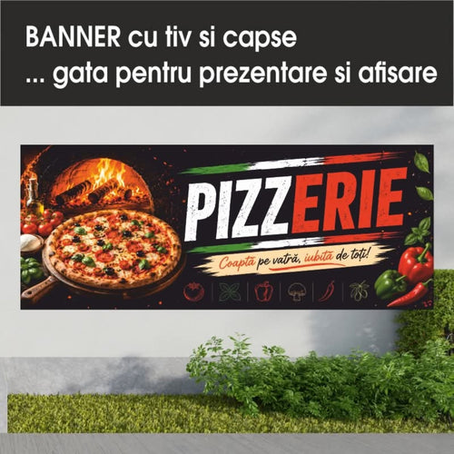 Banner publicitar Pizzerie, model cu cuptor pe lemne, din PVC cu tiv și capse