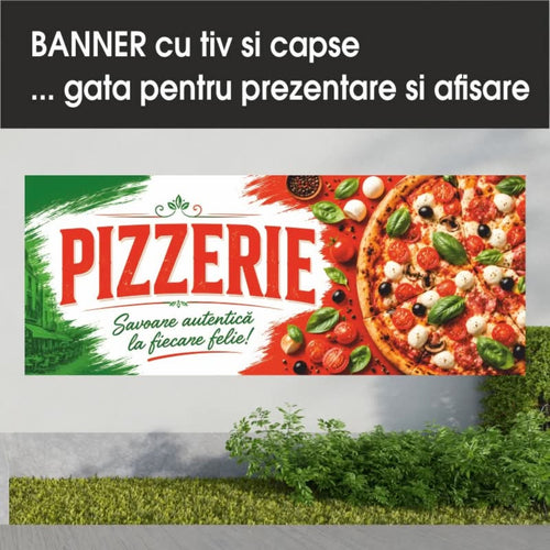 Banner publicitar Pizzerie, model cu tricolor italian, din PVC cu tiv și capse