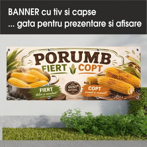 Banner publicitar Porumb fiert și copt, model crem cu știuleți, din PVC cu tiv și capse