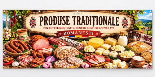 Banner publicitar Produse tradiționale românești, model rustic, din PVC cu tiv și capse