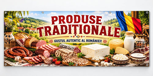 Banner publicitar Produse tradiționale, model cu tricolor, din PVC cu tiv și capse
