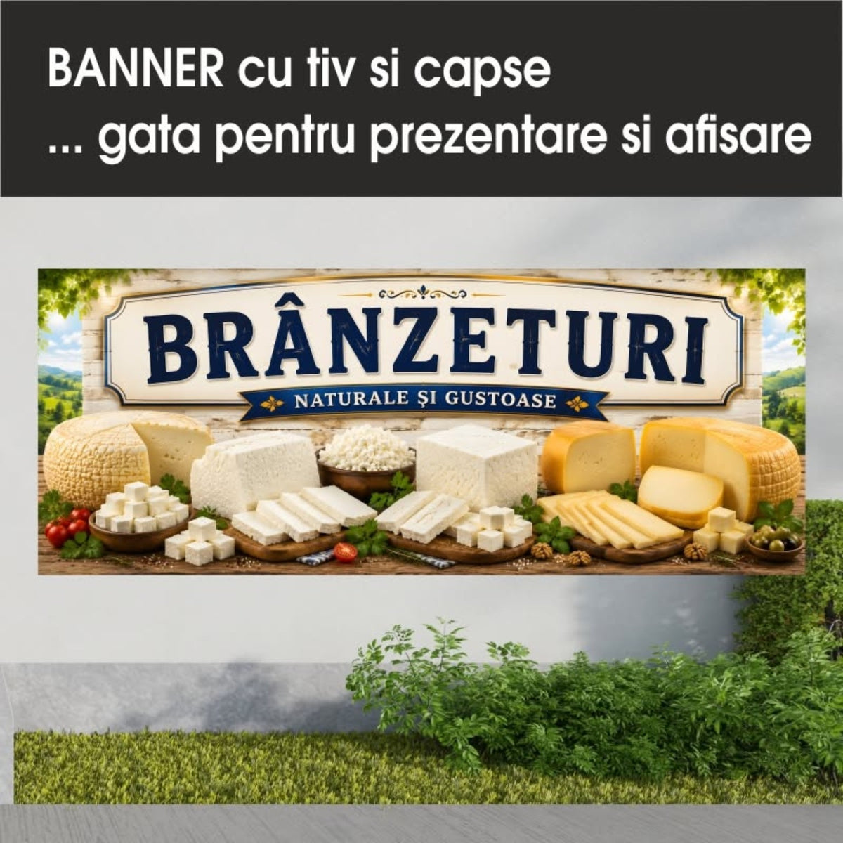 Banner publicitar Brânzeturi cu tiv și capse – Model crem cu sortimente