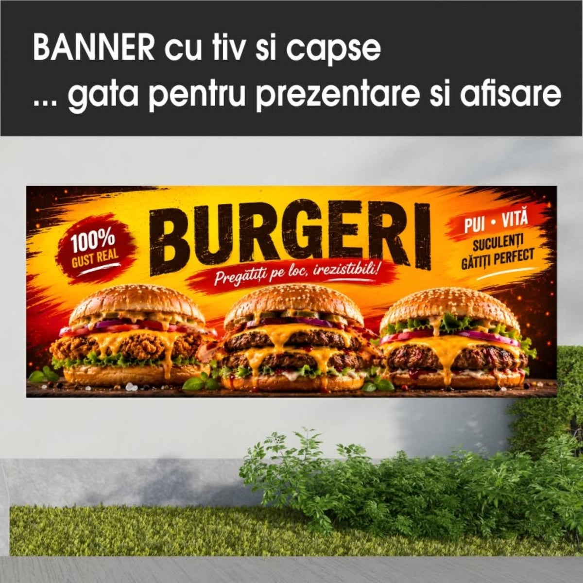 Banner publicitar Burgeri cu tiv și capse – Model roșu și galben