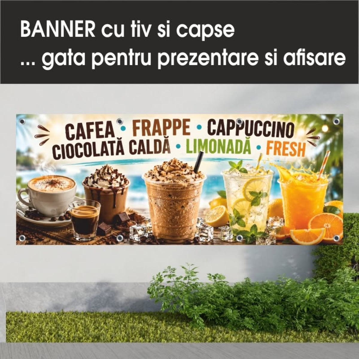 Banner publicitar Cafea și băuturi cu tiv și capse – Model crem cu frappe și limonadă